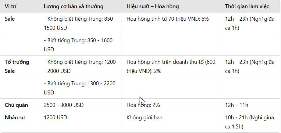 LƯƠNG CƠ BẢN VÀ THƯỞNG ĐỐI VỚI BỘ PHẬN SALE LÀM VIỆC TẠI CÔNG TY